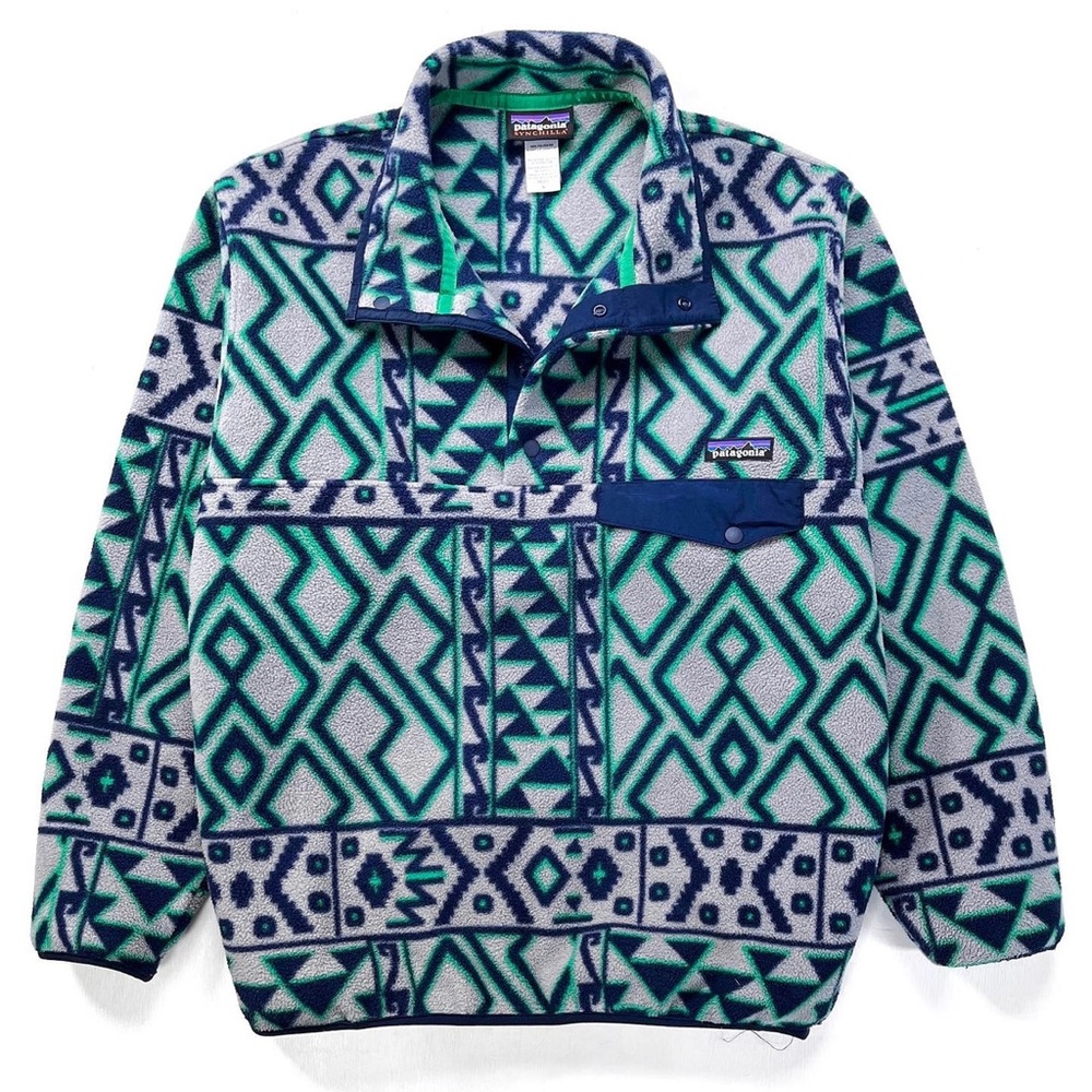 Vintage Patagonia Printed Montana Siete Feather Grey Synchilla Pullover